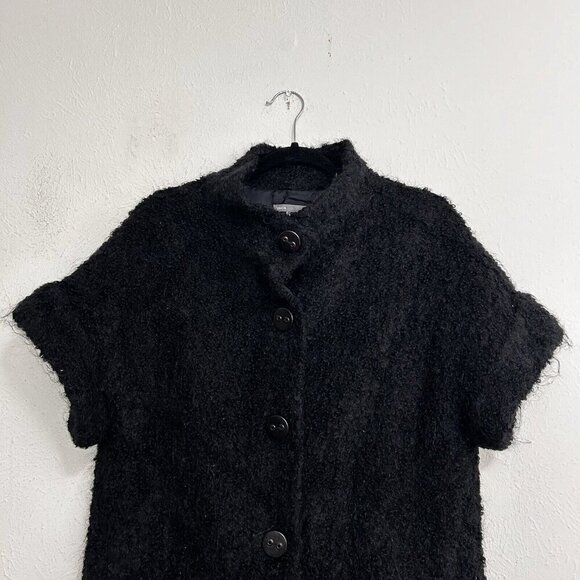 VINCE Sz M Alpaca Mohair Button Cardigan Sweater Coat Black Short Sleeve Woolly - Picture 2 of 12